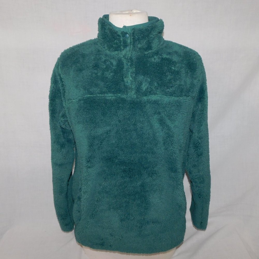 Eddie Bauer Green Teddy bear Plush Fleece 1/4 Snap Pullover Sweater Womens M
